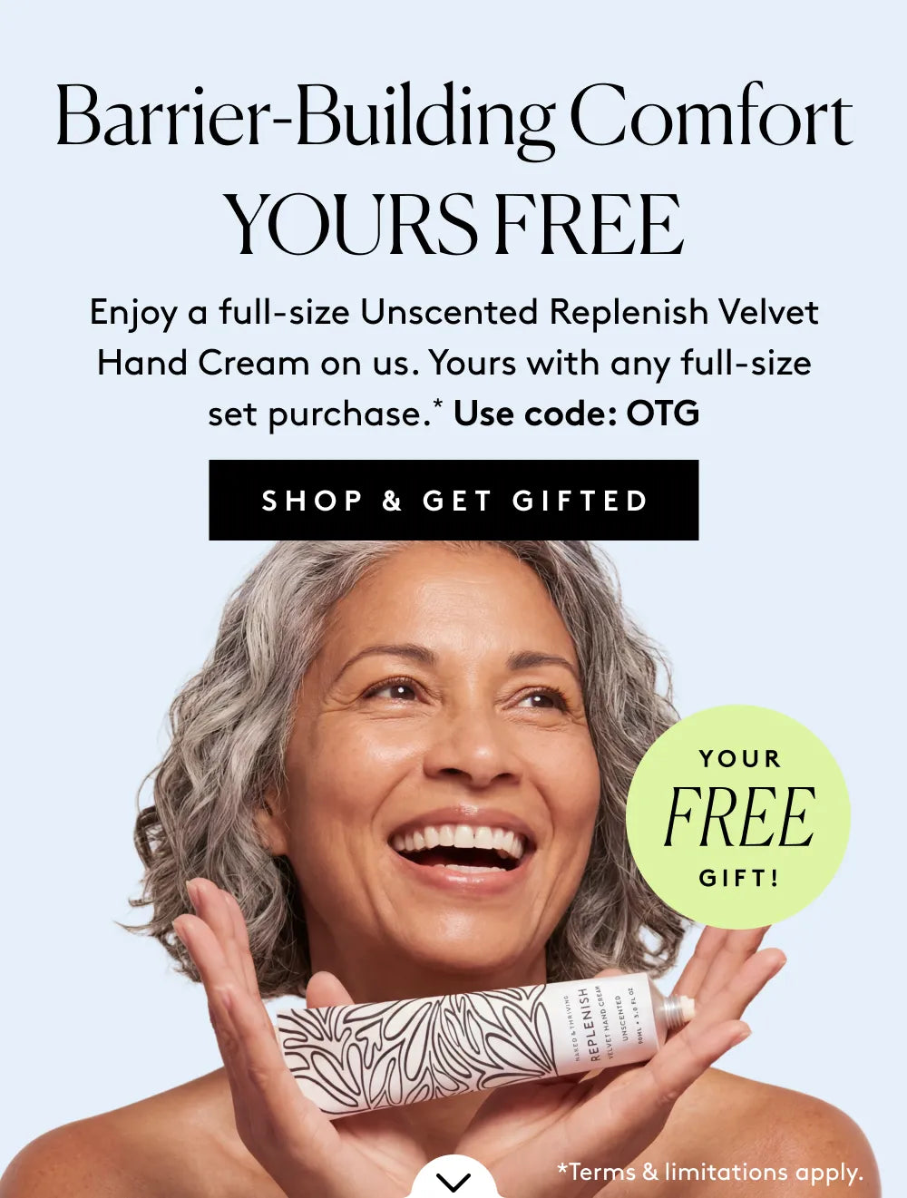 A banner featuring the free Replenish Hand Cream offer and a model holding the full-size Unscented Replenish Velvet Hand Cream.
