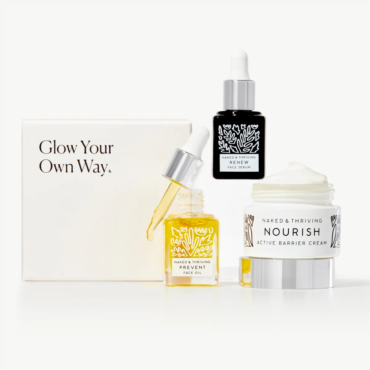 Mini Bestsellers Trio with Renew Serum, Nourish Face Cream, and Prevent Face Oil in travel size 