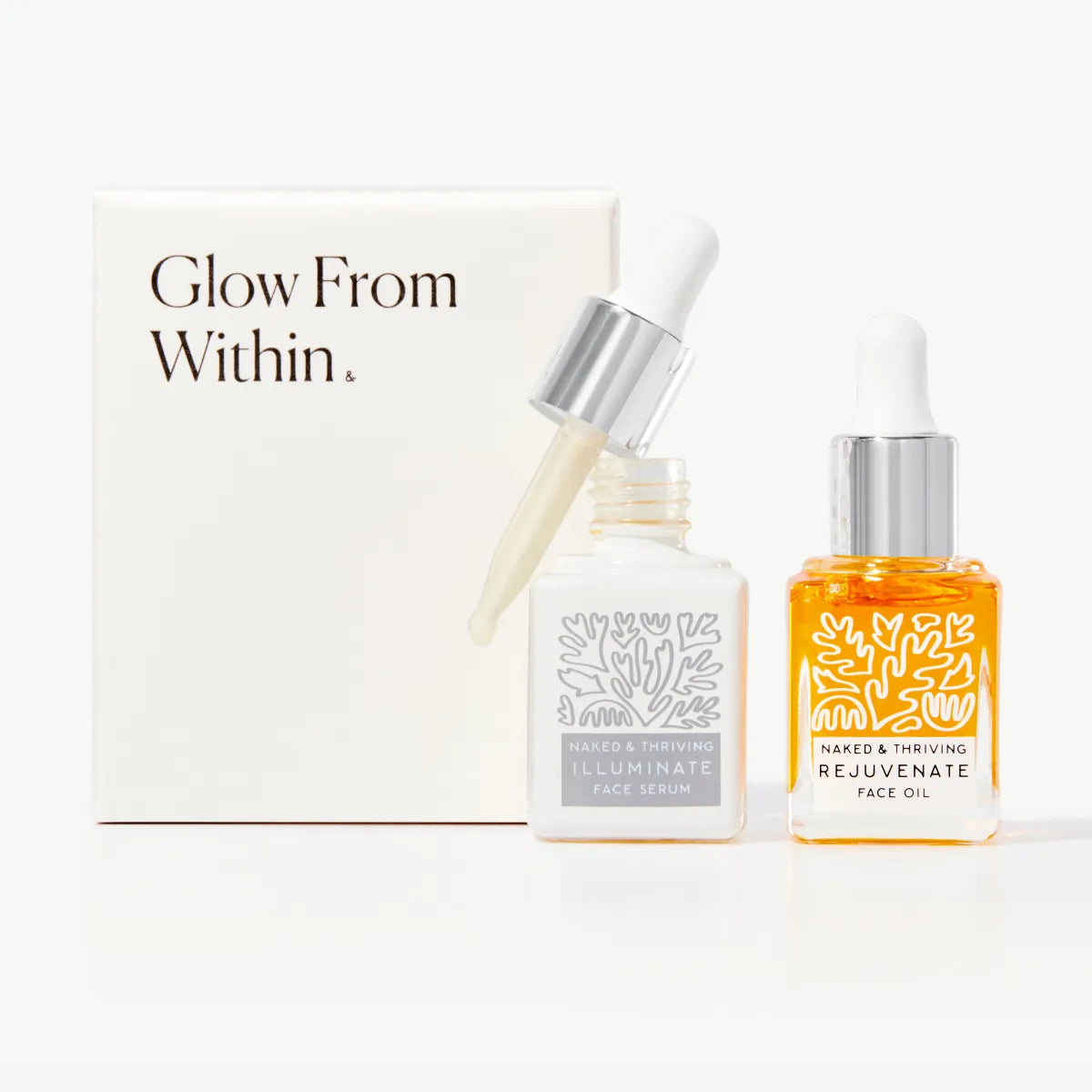 Mini Super Glow Duo with Mini Illuminate Serum and Mini Rejuvenate Face Oil with branded box 
