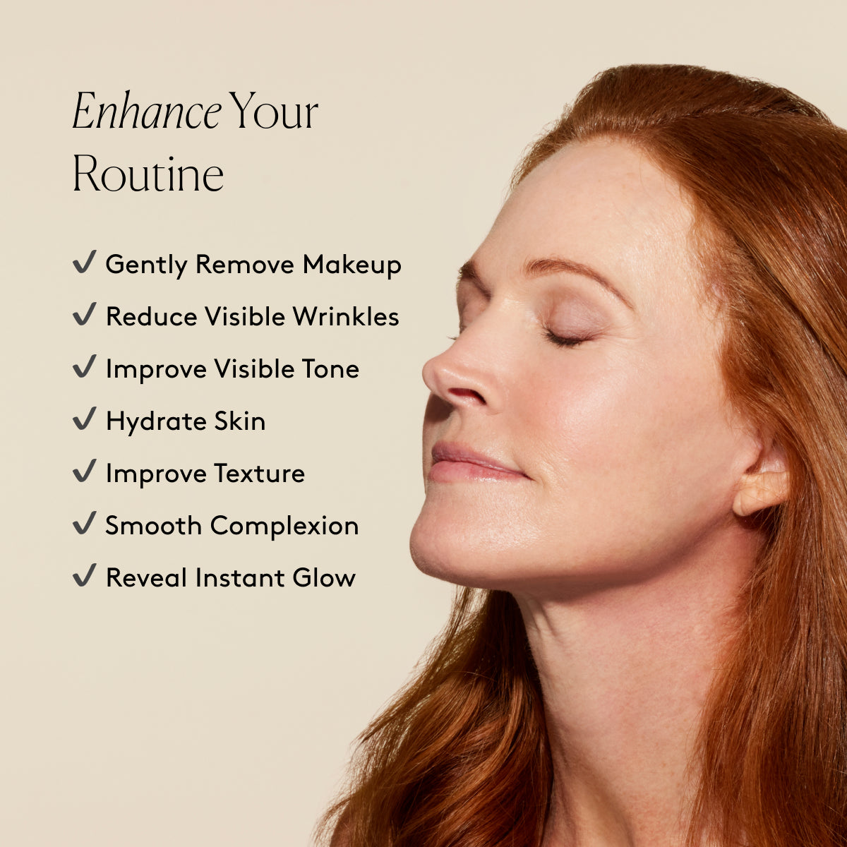 
                
                  Smiling model with radiant-looking skin beside text listing visible improvements in tone, texture, and hydration
                
              