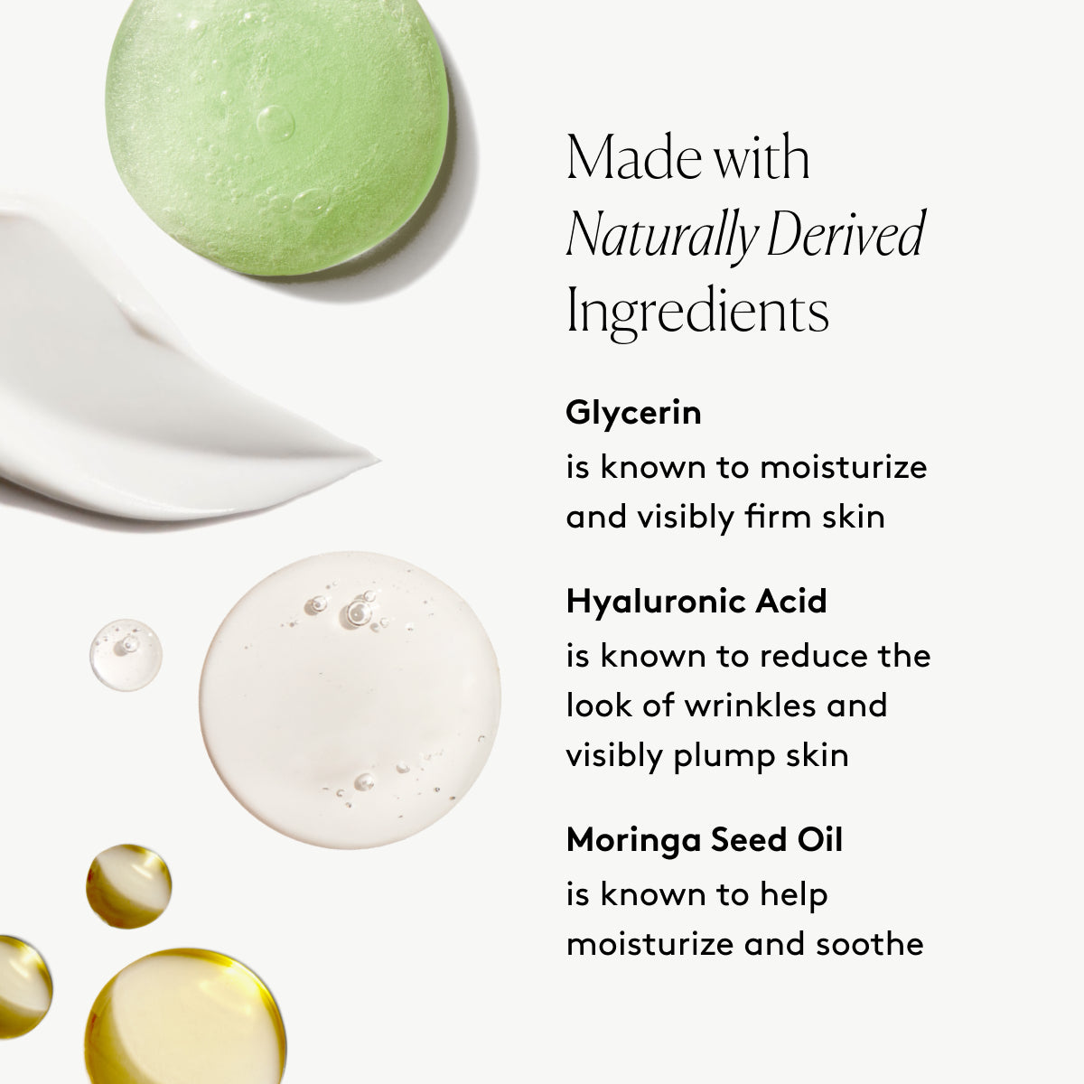 
                
                  Age-Defying Routine key ingredients graphic with Glycerin, Hyaluronic Acid, and Moringa Seed Oil beside product swatches
                
              