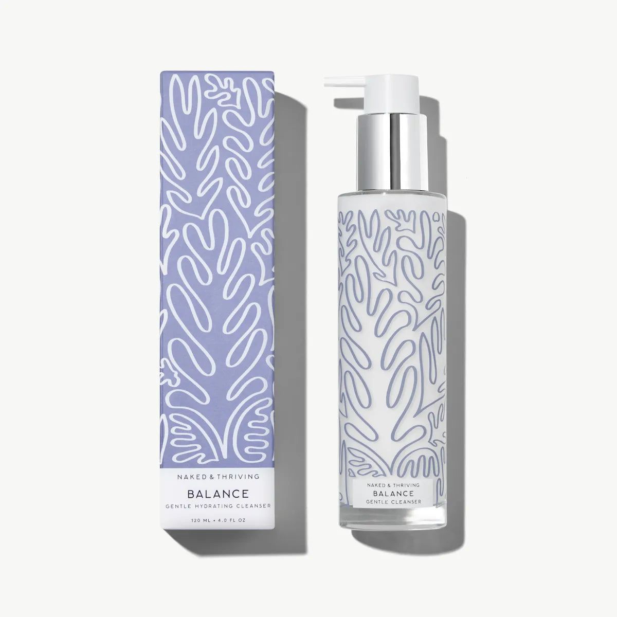 Naked & Thriving Balance Gentle Hydrating Cleanser in a clear glass bottle with botanical-patterned bottle and brand label 