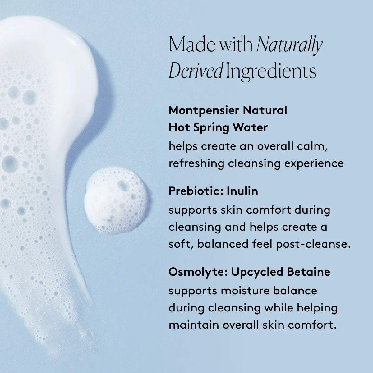 
                
                  Balance Gentle Hydrating Cleanser key ingredients graphic with Montpensier Natural Hot Spring Water, Prebiotic: Inulin, Osmolyte: Upcycled Betaine
                
              