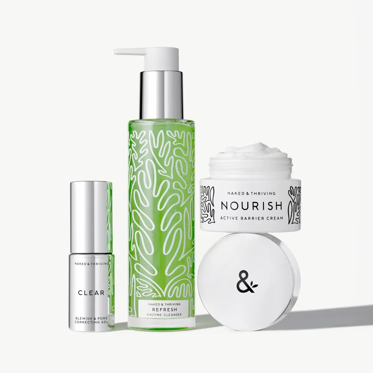 Three-step skincare routine featuring Refresh Cleanser, Clear Gel and Nourish Face Cream 