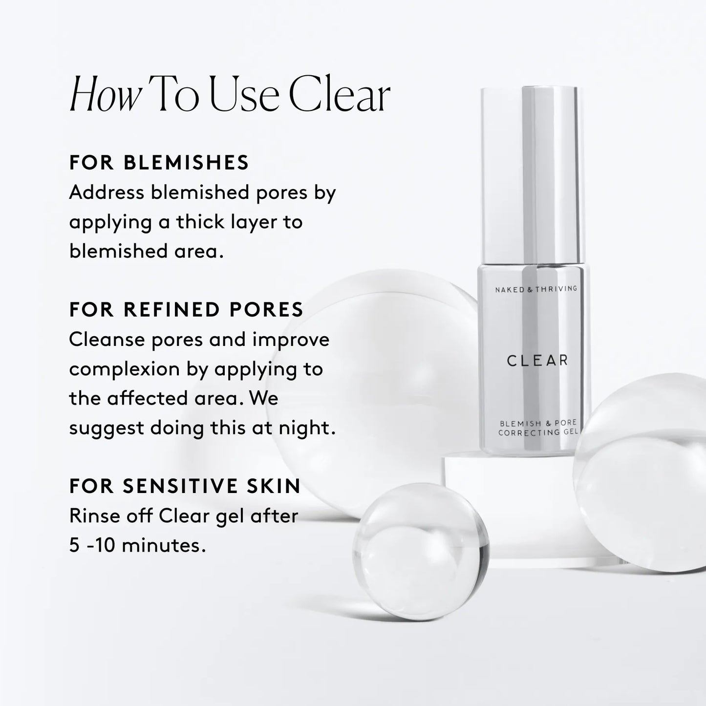 
                
                  How to use Clear graphic with product and usage instructions for different skin concerns
                
              