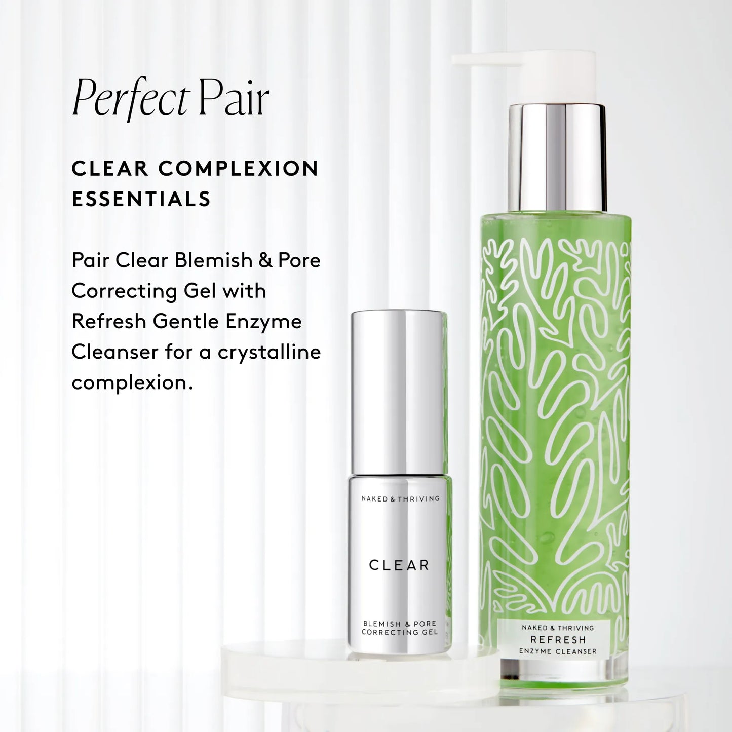 
                
                  Clear serum displayed with complementary skincare product pair
                
              