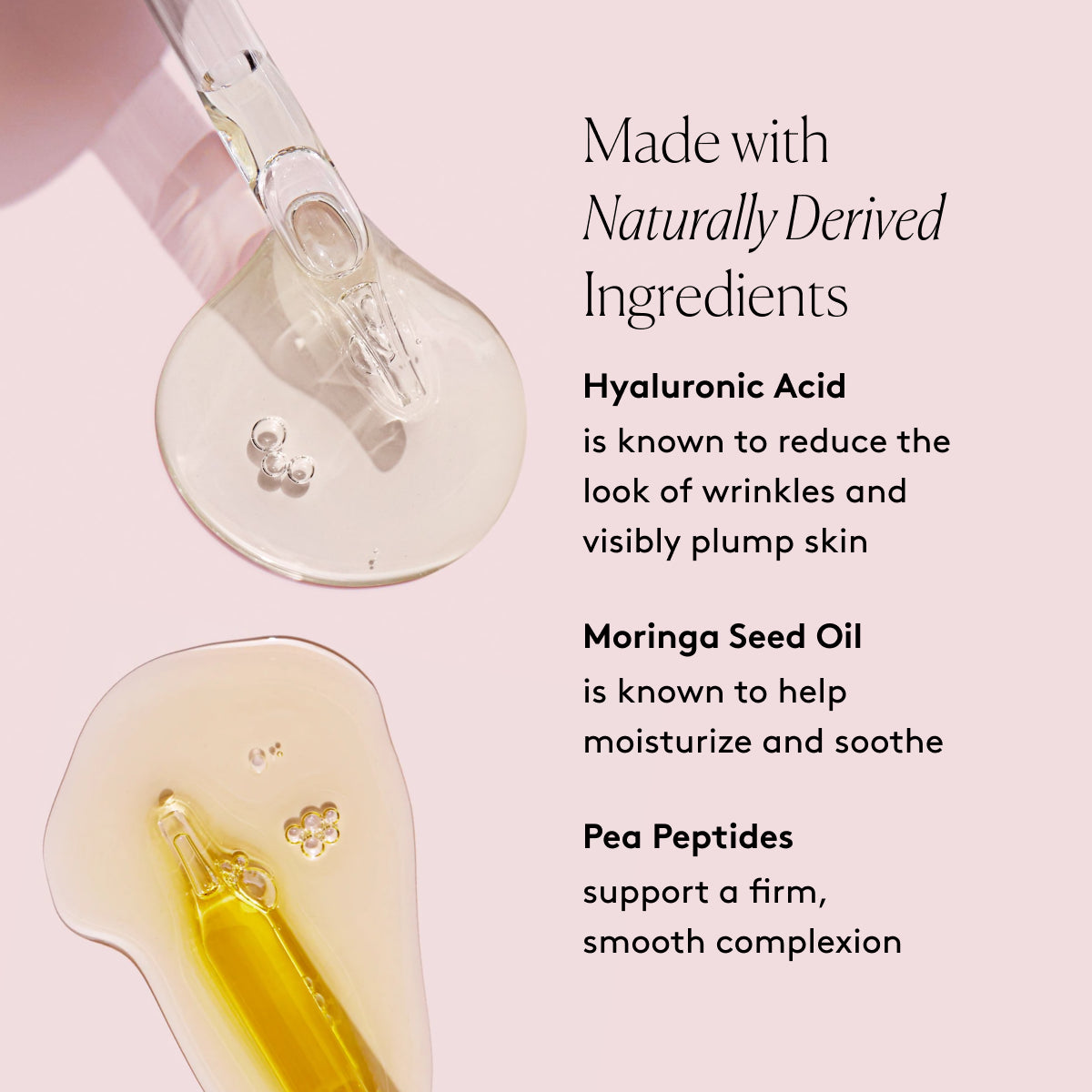 
                
                  The Day Set key ingredients graphic with Hyaluronic Acid, Moringa Seed Oil, and Pea Peptides beside glass droppers and product swatches
                
              