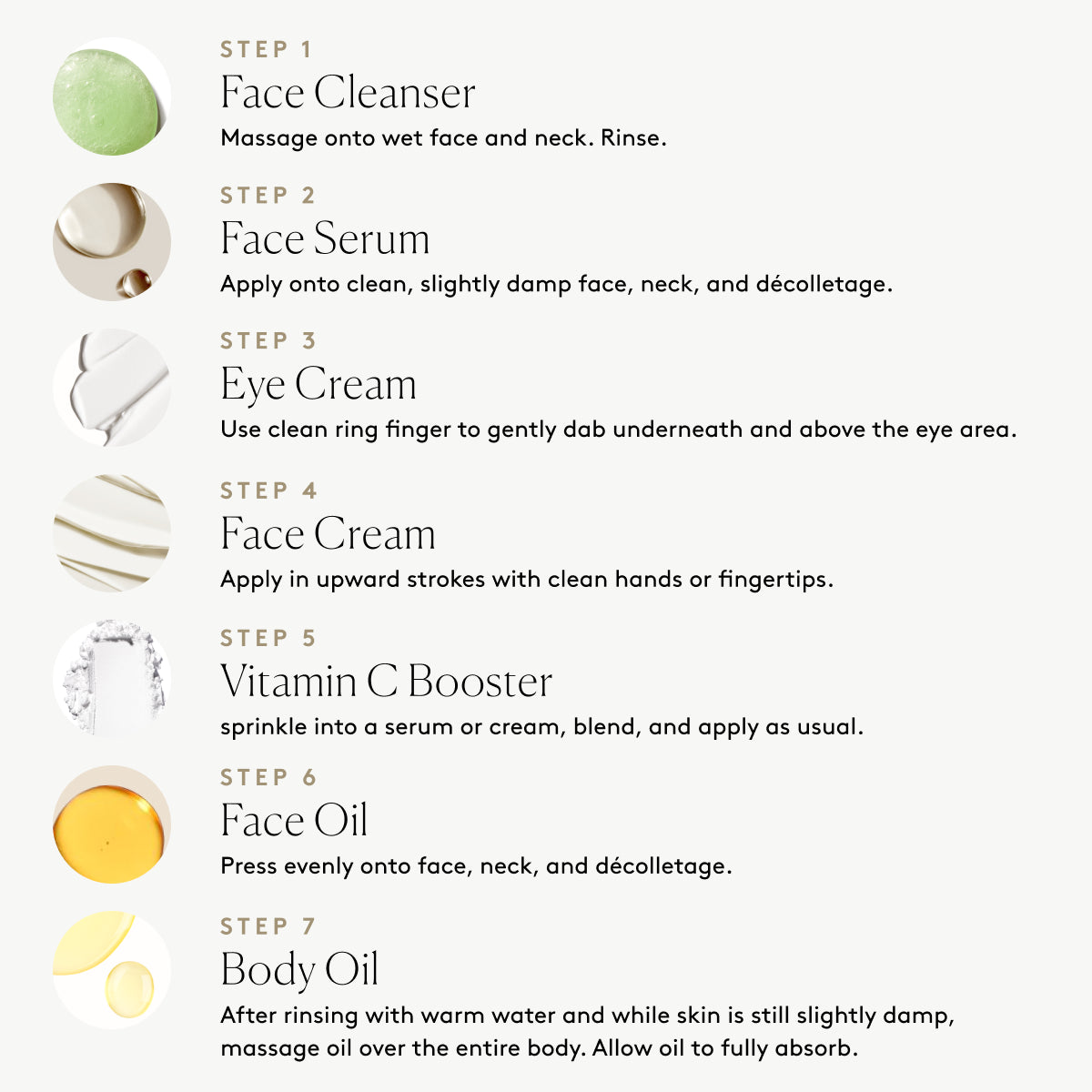 
                
                  Step-by-step routine for The Everything Collection: From Face Cleanser to Face Serum, Eye Cream, Face Cream, Vitamin C Booster, Face Oil and Body Oil
                
              