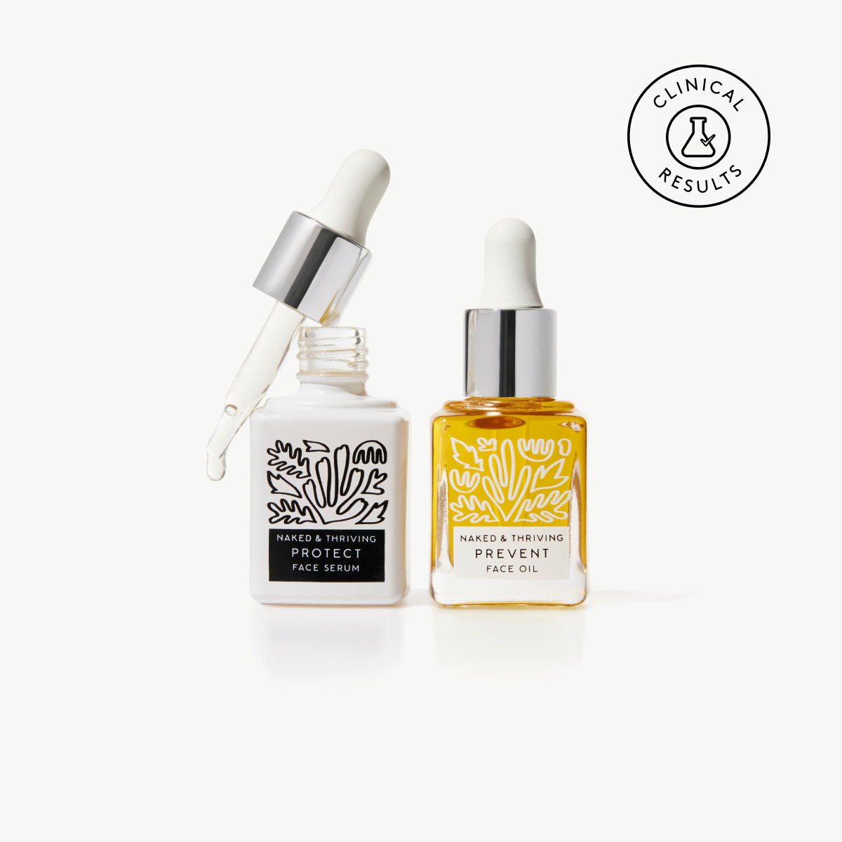 Naked & Thriving Mini Day Set with travel-size patterned Protect Antioxidant Face Serum and Prevent Anti-Aging Face Oil bottles