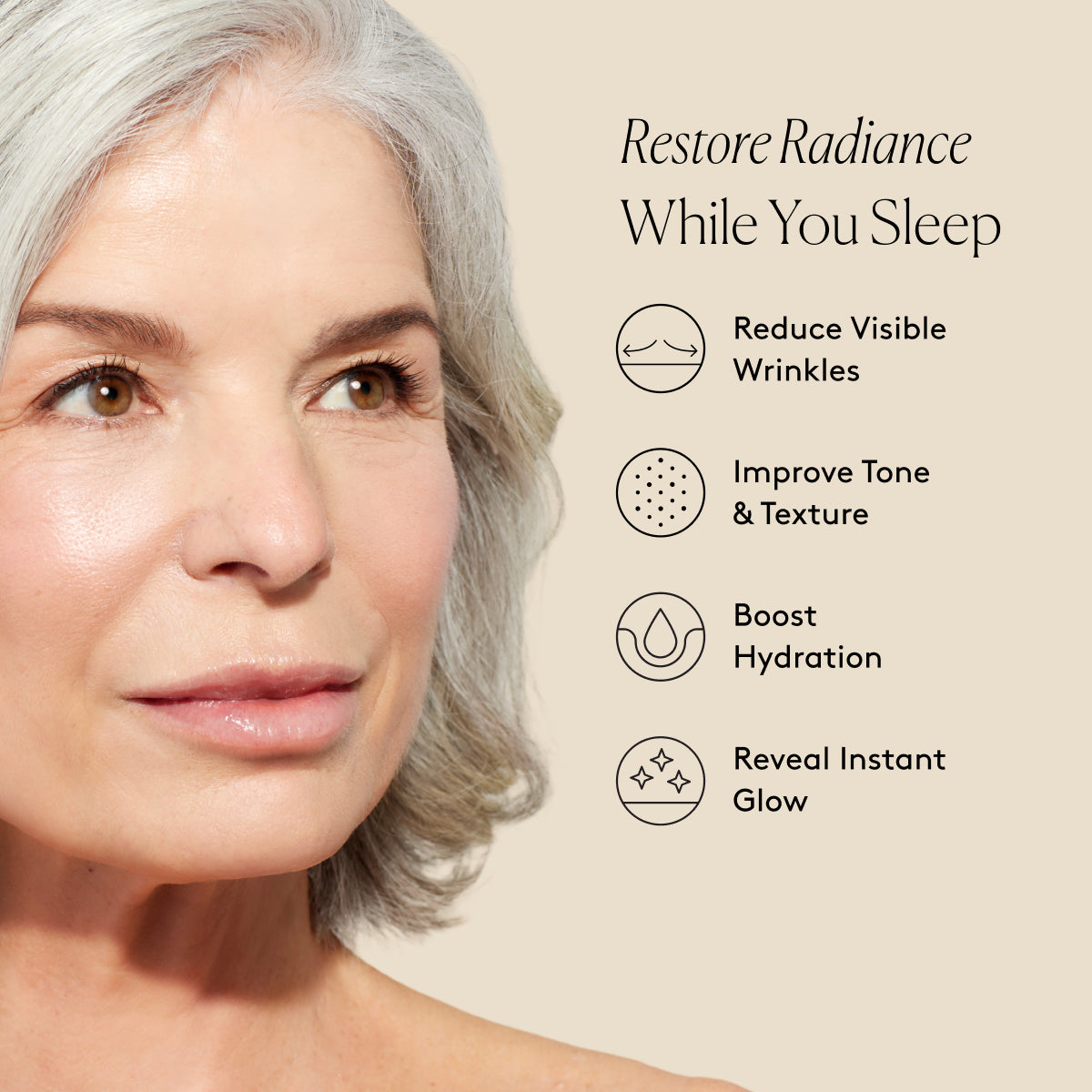 
                
                  Smiling model with radiant-looking skin beside text listing visible improvements in fine lines, tone, and texture
                
              