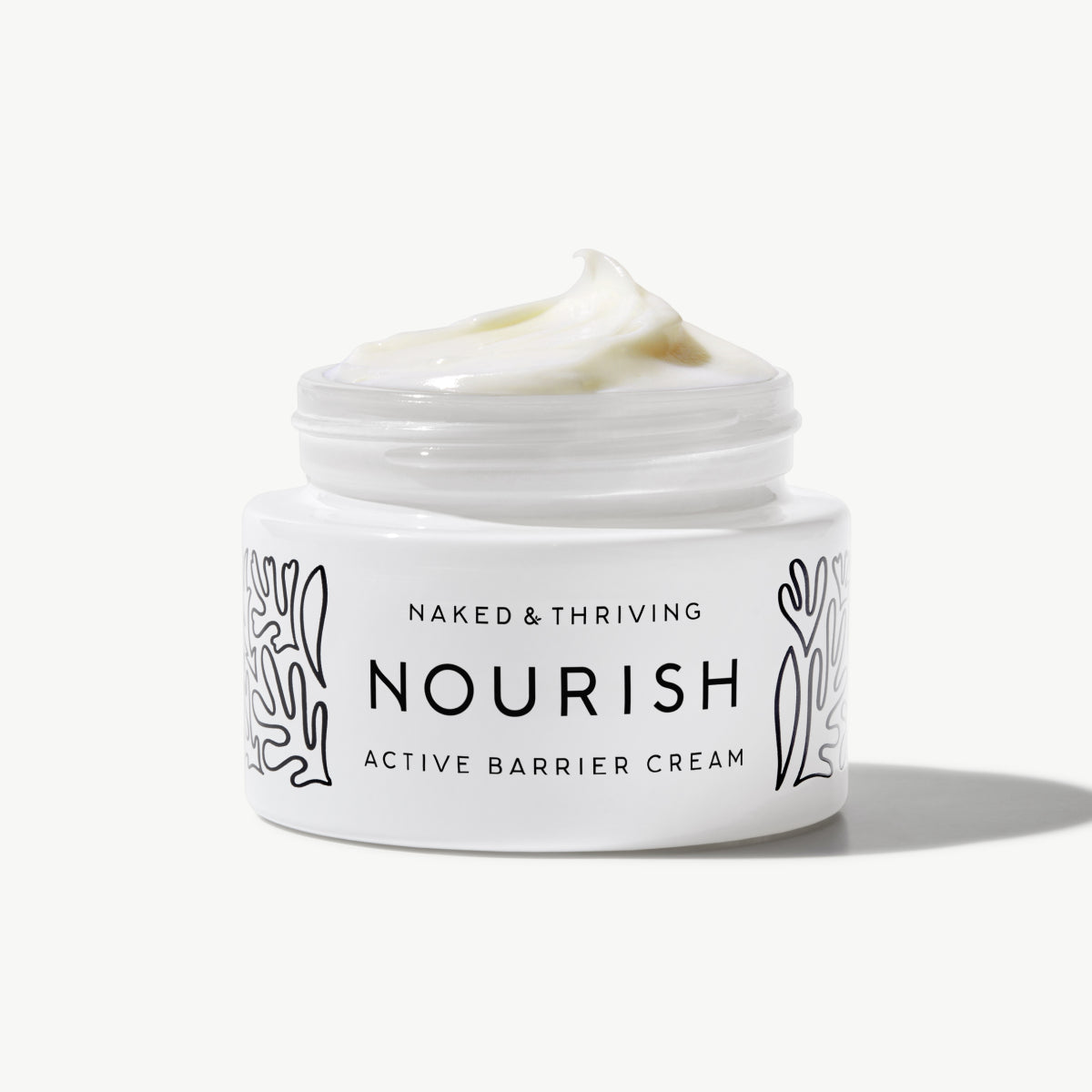 Naked & Thriving Nourish Active Barrier Cream in white glass cream jar with brand label