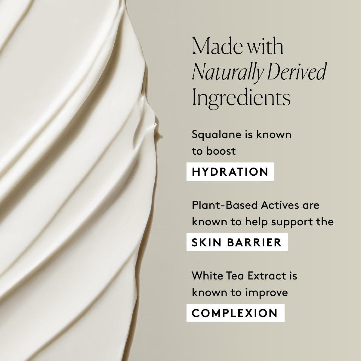 
                
                  Nourish Active Barrier Cream key ingredients graphic with Squalane, Plant-Based Actives, and White Tea Extract beside a product swatch
                
              