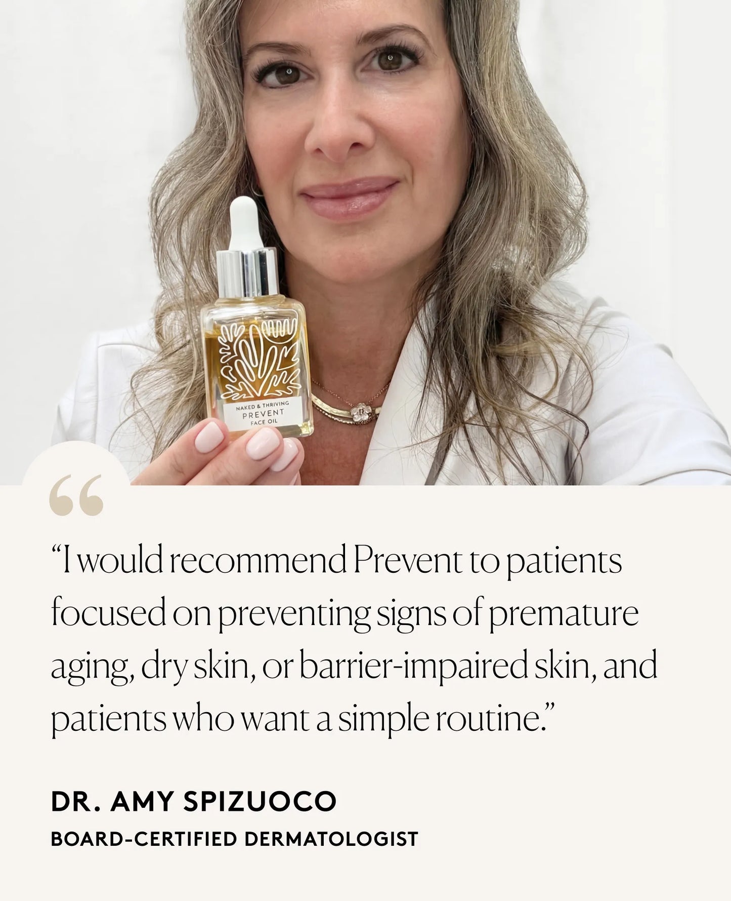 Dermatologist holding Renew Serum in clinical setting with quote discussing product’s multitasking formula