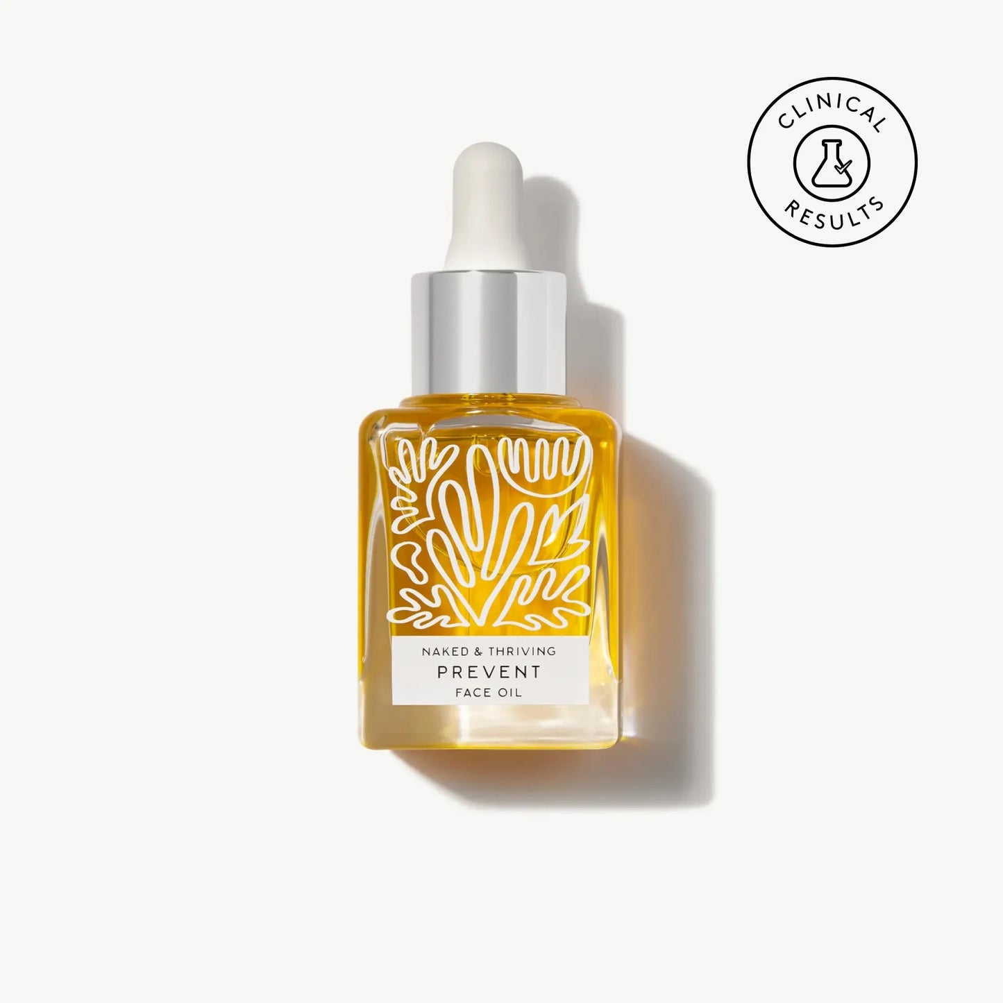 Prevent Face Oil glass bottle with dropper and visible clinical results badge