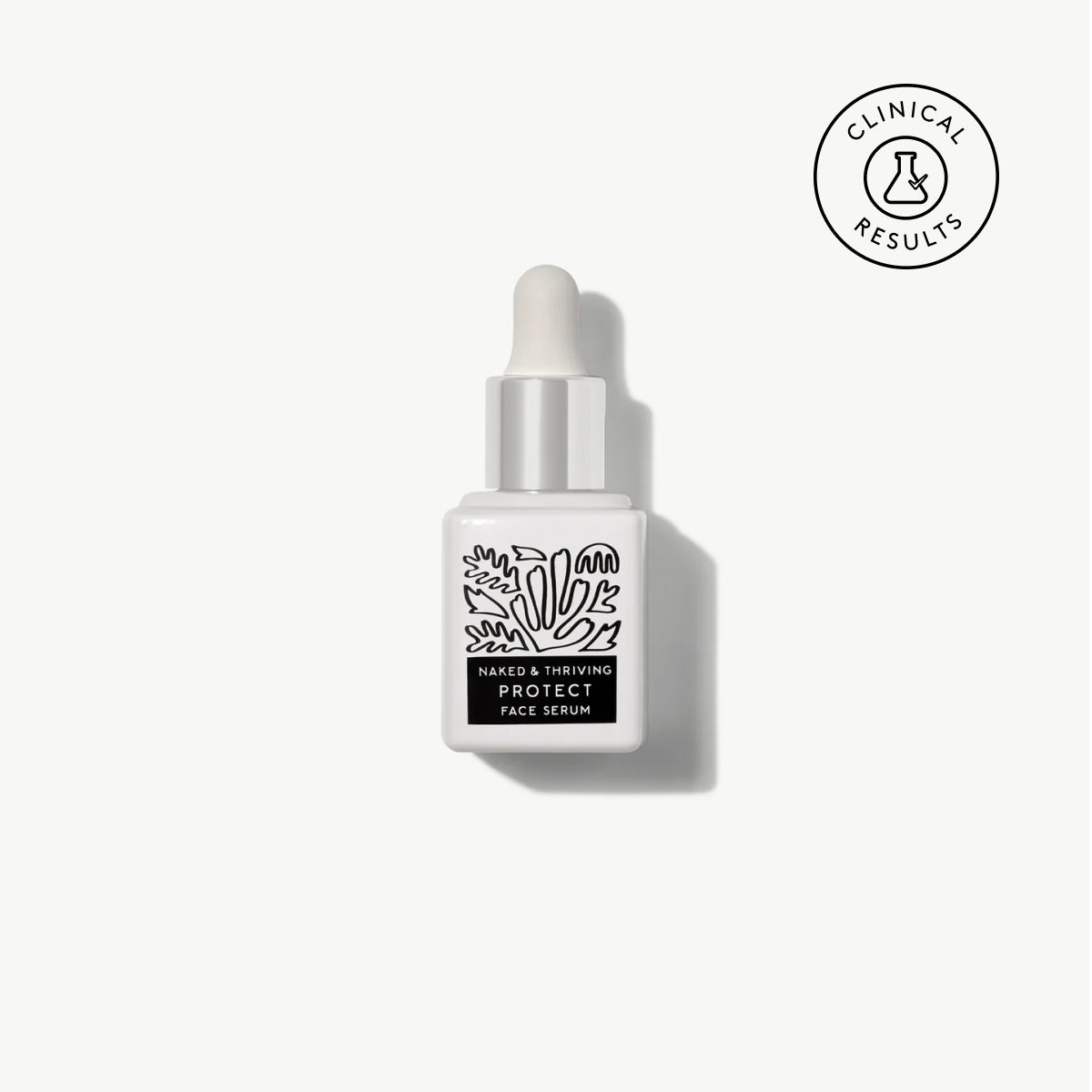 Naked & Thriving travel-size Protect Antioxidant Face Serum in white glass dropper bottle with botanical pattern