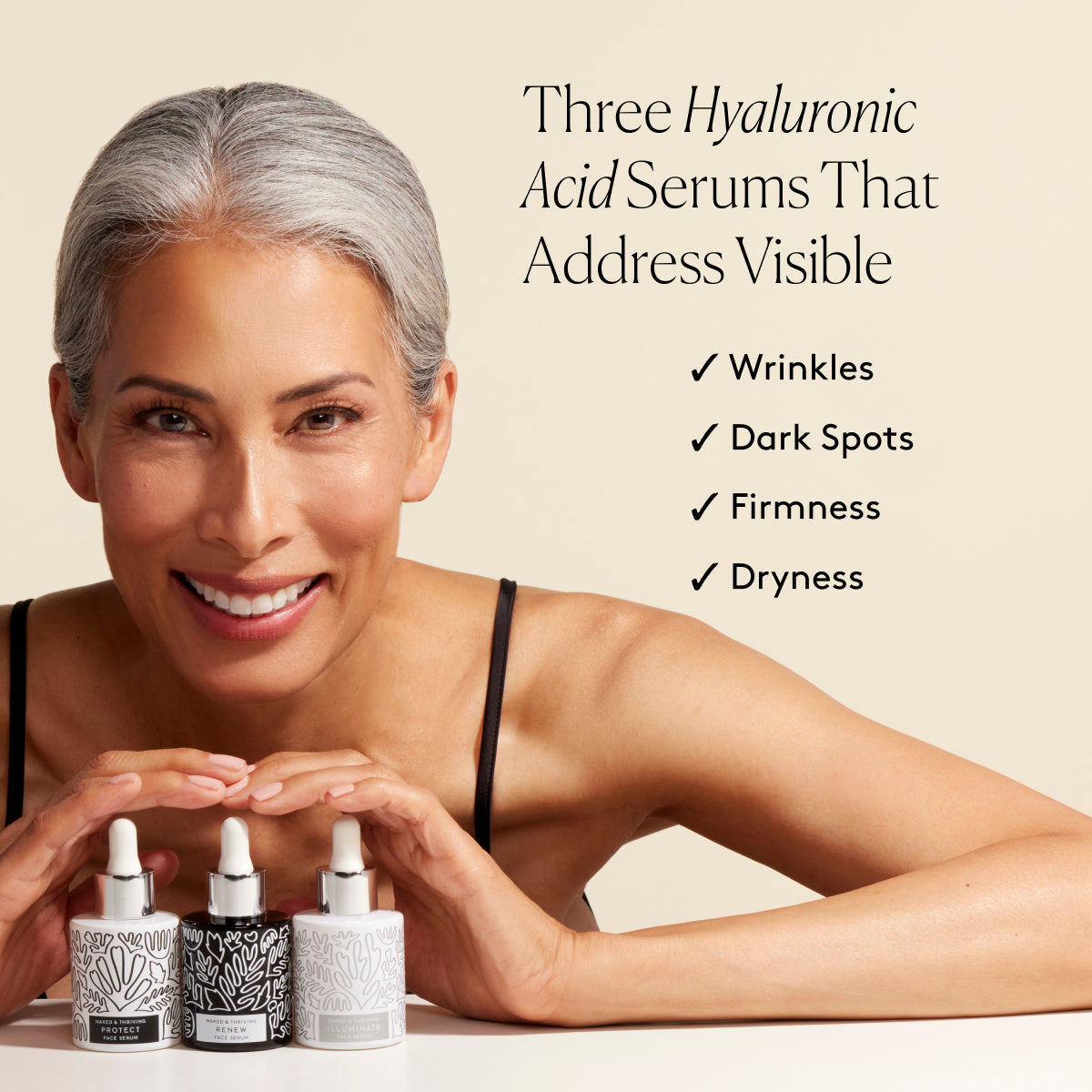 
                
                  Smiling model above the Radiant Serum Set with text about addressing visible wrinkles, dark spots, and dryness
                
              