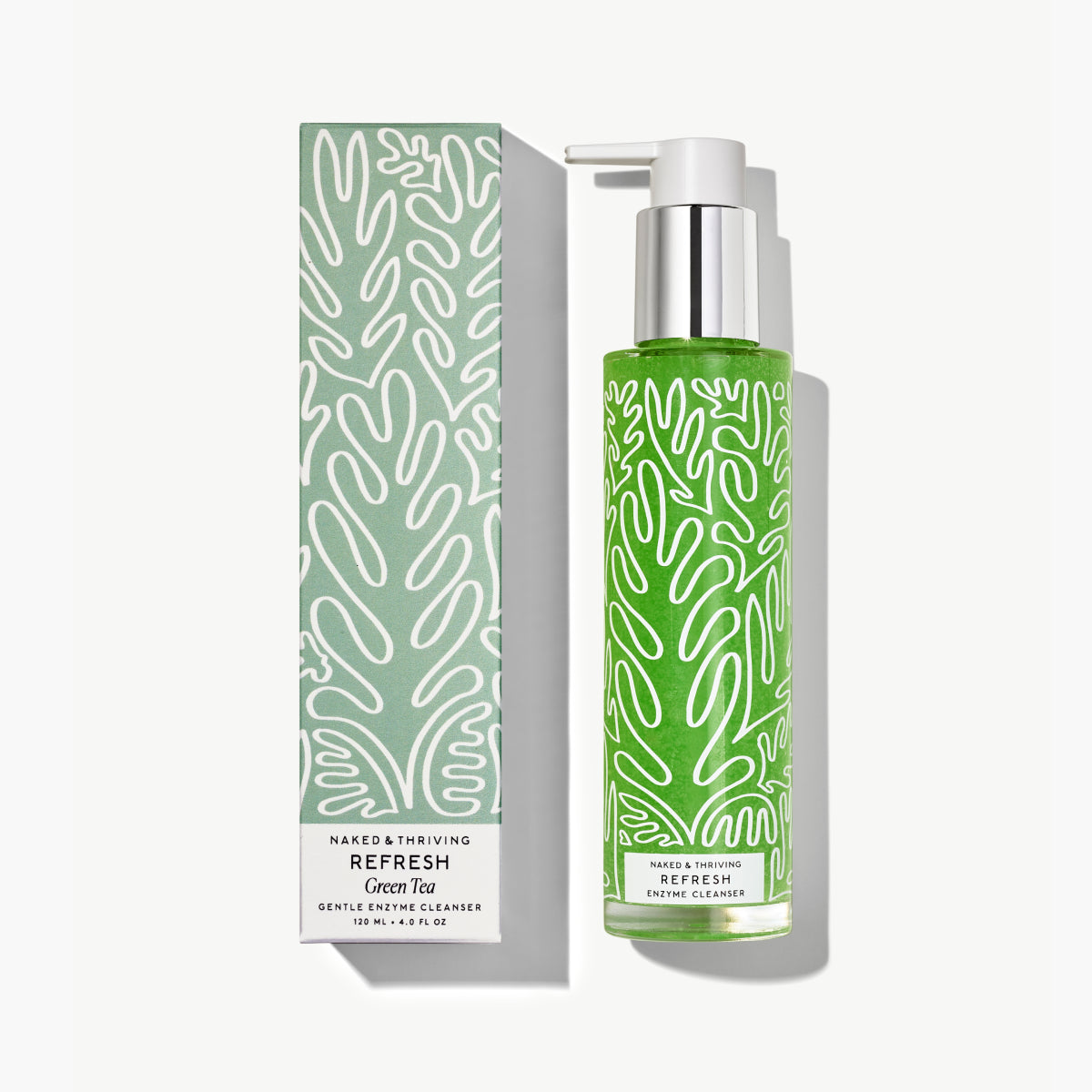 Naked & Thriving Refresh Gentle Enzyme Cleanser showing green formula in a clear pump bottle beside sage green, botanical-patterned box
