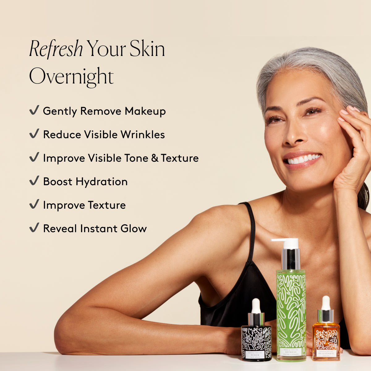 
                
                  Smiling model behind The Refresh Routine and text about refreshing skin overnight
                
              