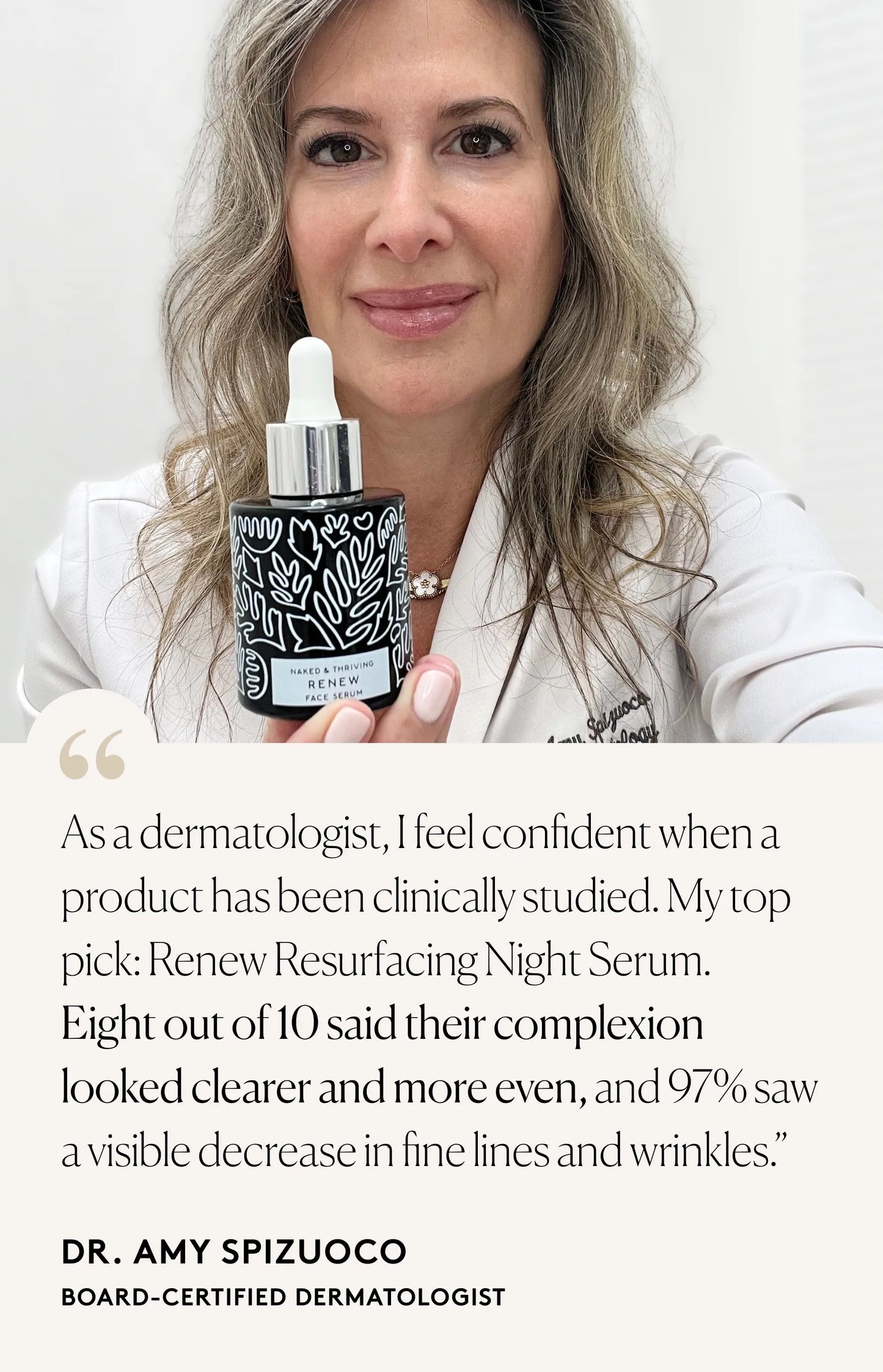 Dermatologist holding Renew Serum in clinical setting with quote on product’s multitasking formula