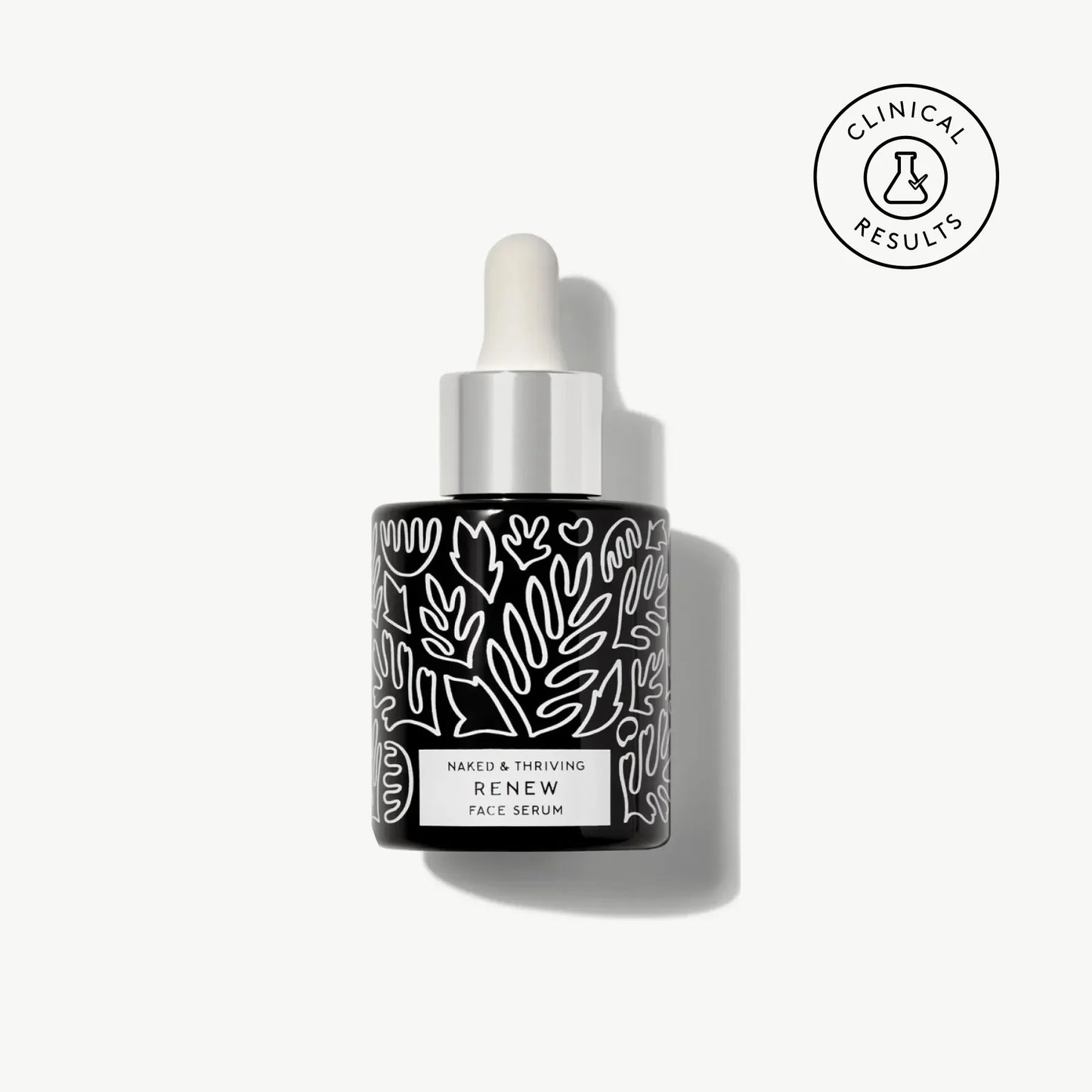 Renew Serum bottle with dropper and visible clinical results badge
