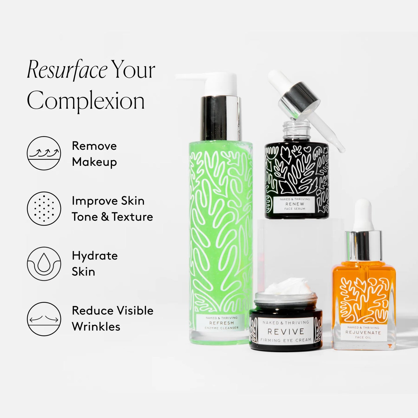 Reset Routine with Refresh cleanser, Renew serum, Revive eye cream, and Rejuvenate Oil