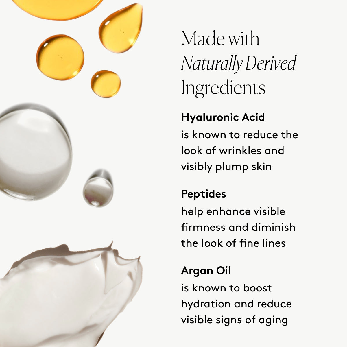 
                
                  Restorative Night Routine key ingredients with Hyaluronic Acid, Peptides, and Argan Oil beside product swatches
                
              