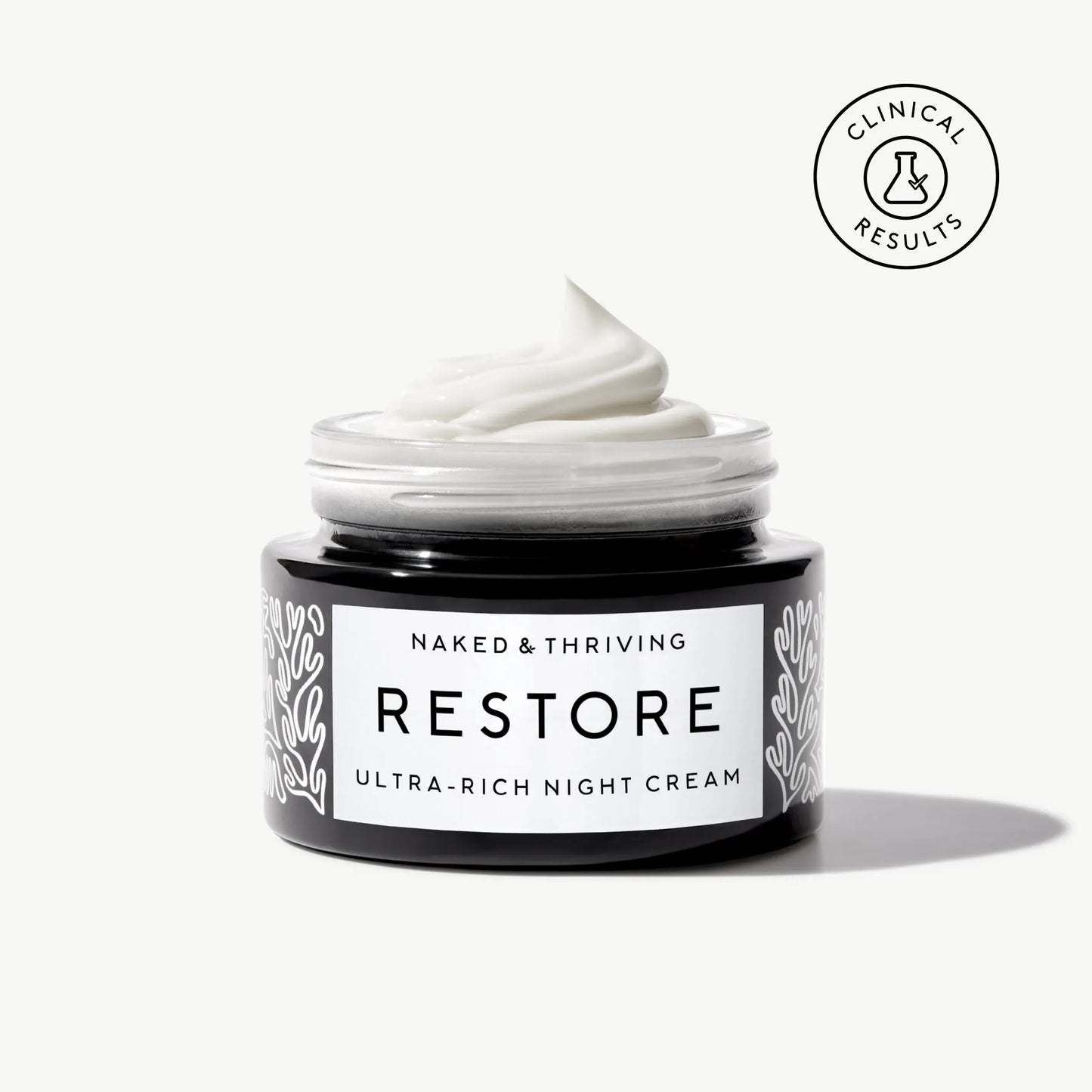 Restore Ultra-Rich Night Cream in glass jar with whipped cream texture