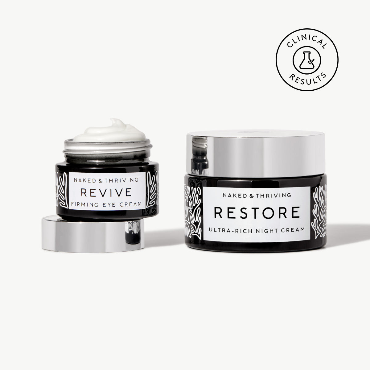Naked & Thriving Retinol-Alternative Duo with Revive Firming Eye Cream and Restore Ultra-Rich Night Cream in dark jars