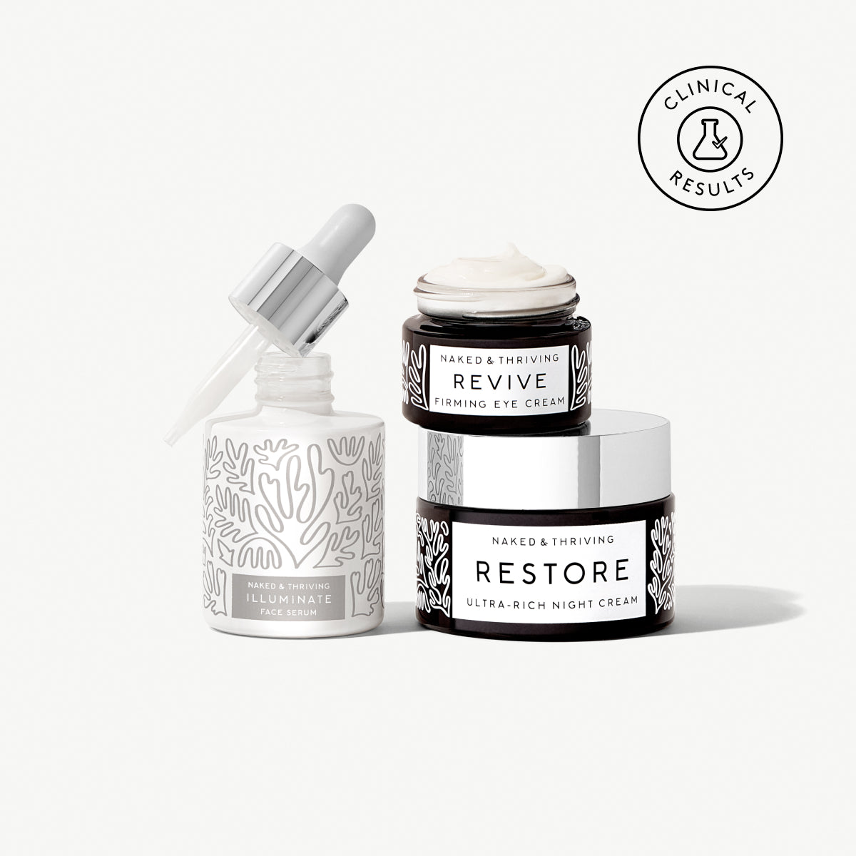 Naked & Thriving Retinol-Alternative Trio with patterned dropper bottle and dark jars 