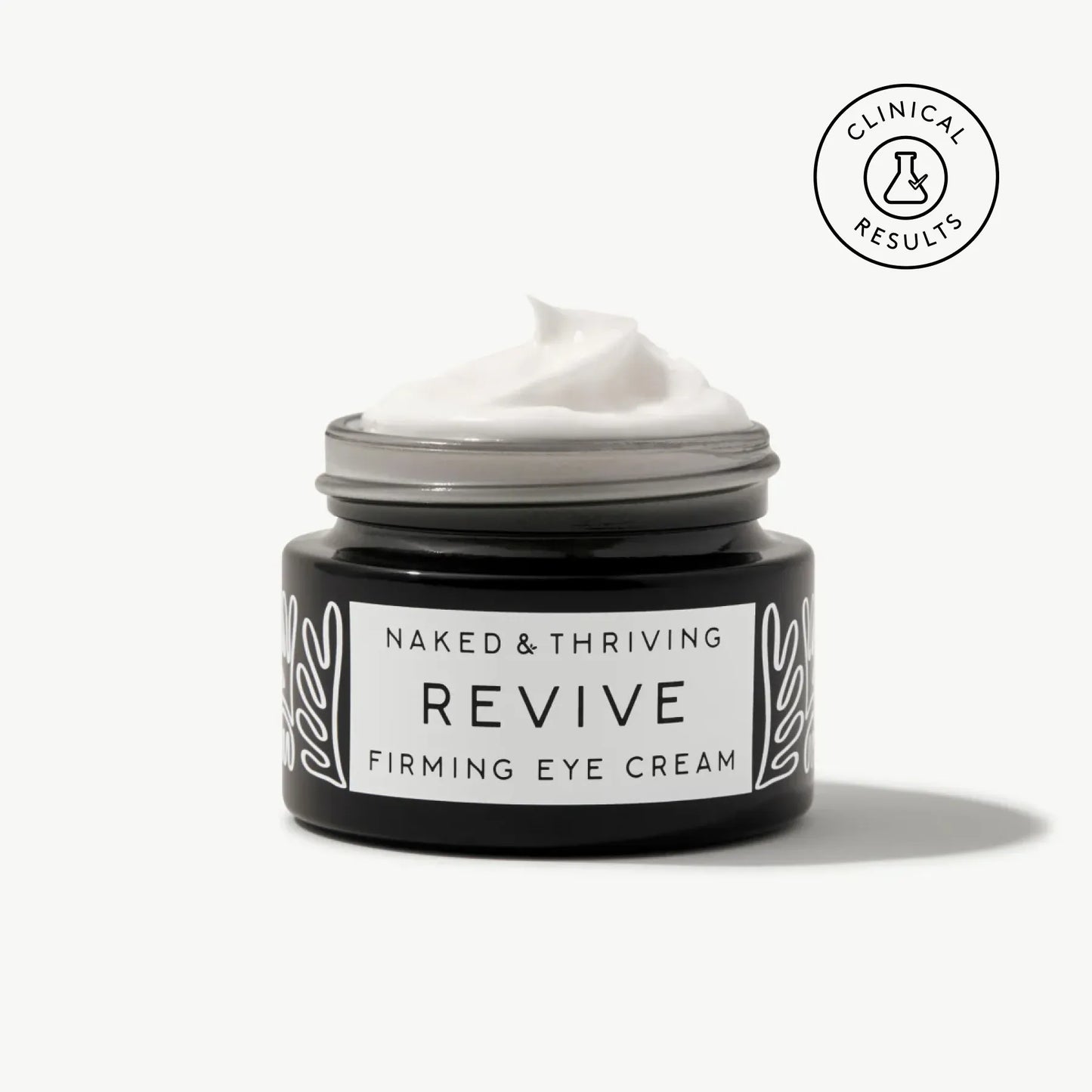 Revive Eye Cream in open glass jar with whipped cream texture and clinical results badge