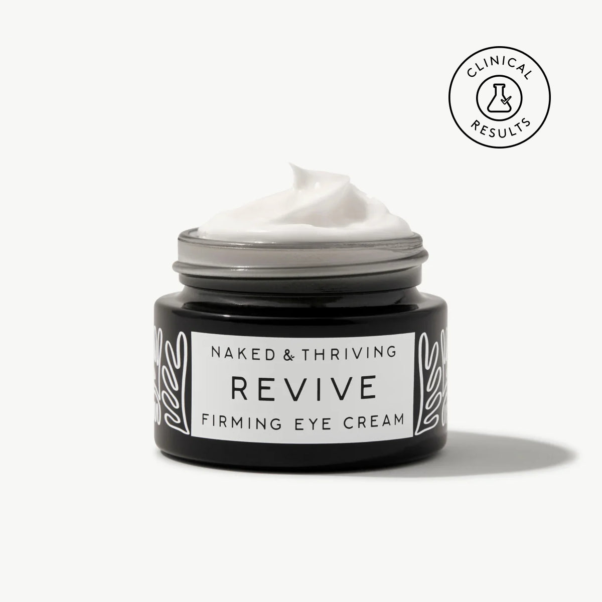 Naked & Thriving Revive Firming Eye Cream in a black glass jar with brand label